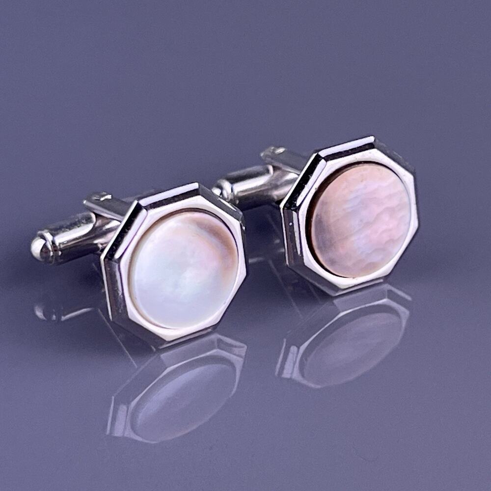 Simple Black Mother of Pearl Octagon Cufflinks White Gold Plated Hickok Vintage
